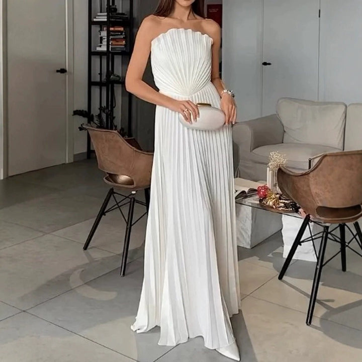 Womens Dress - Elegant Long Pleated Strapless Formal Dress for Wedding Guests and Cocktail Events