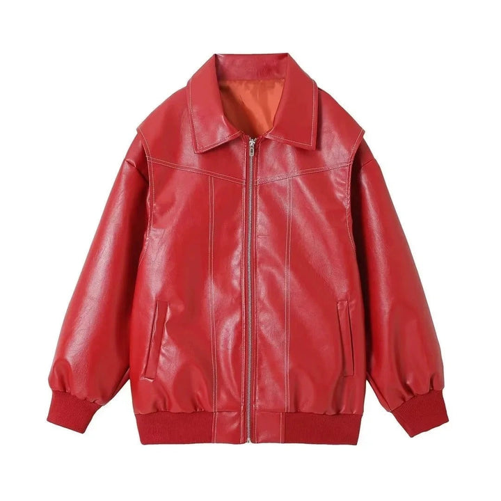 Wine Red Women's Jacket with Elegant Zipper and Contrasting Seams 0