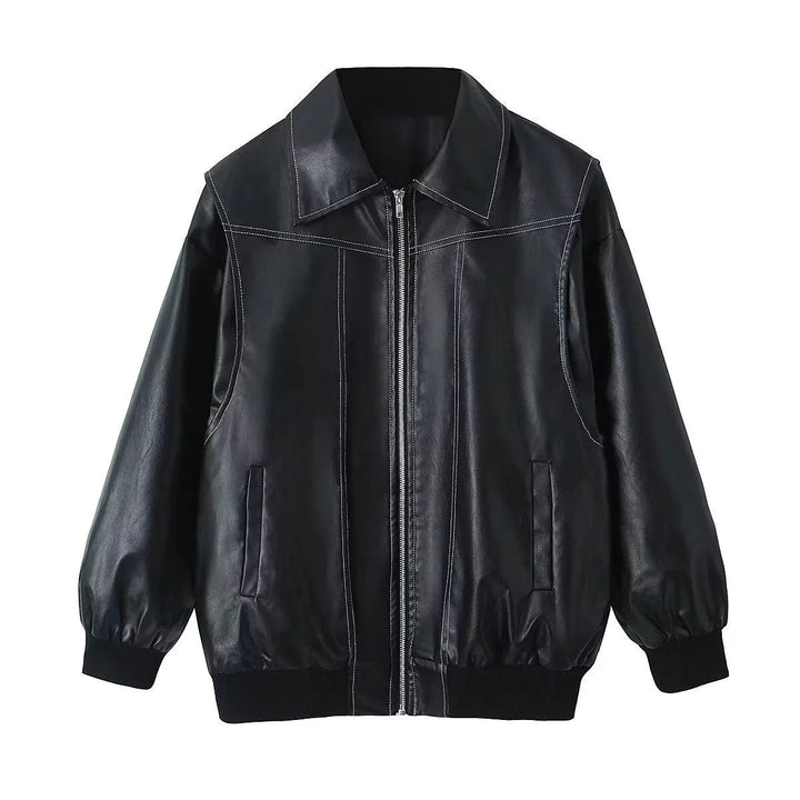 Wine Red Women's Jacket with Elegant Zipper and Contrasting Seams 1