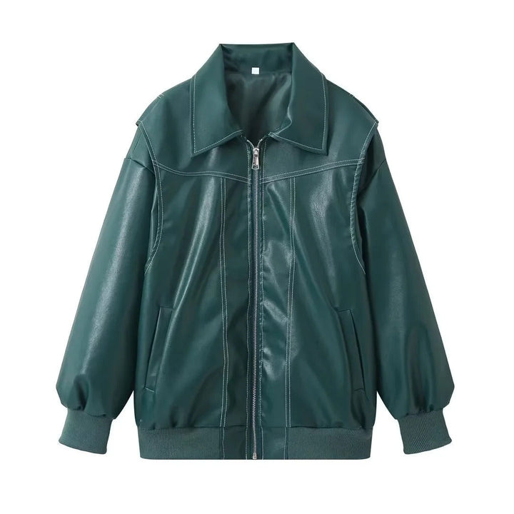 Wine Red Women's Jacket with Elegant Zipper and Contrasting Seams 2