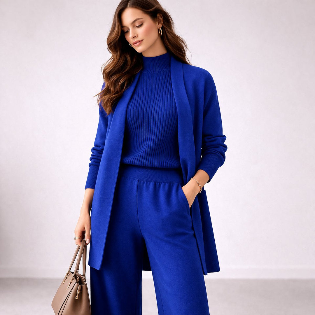 Women's 3-Piece Knitted Loungewear Set with Long Cardigan Comfortable Casual Outfit 3