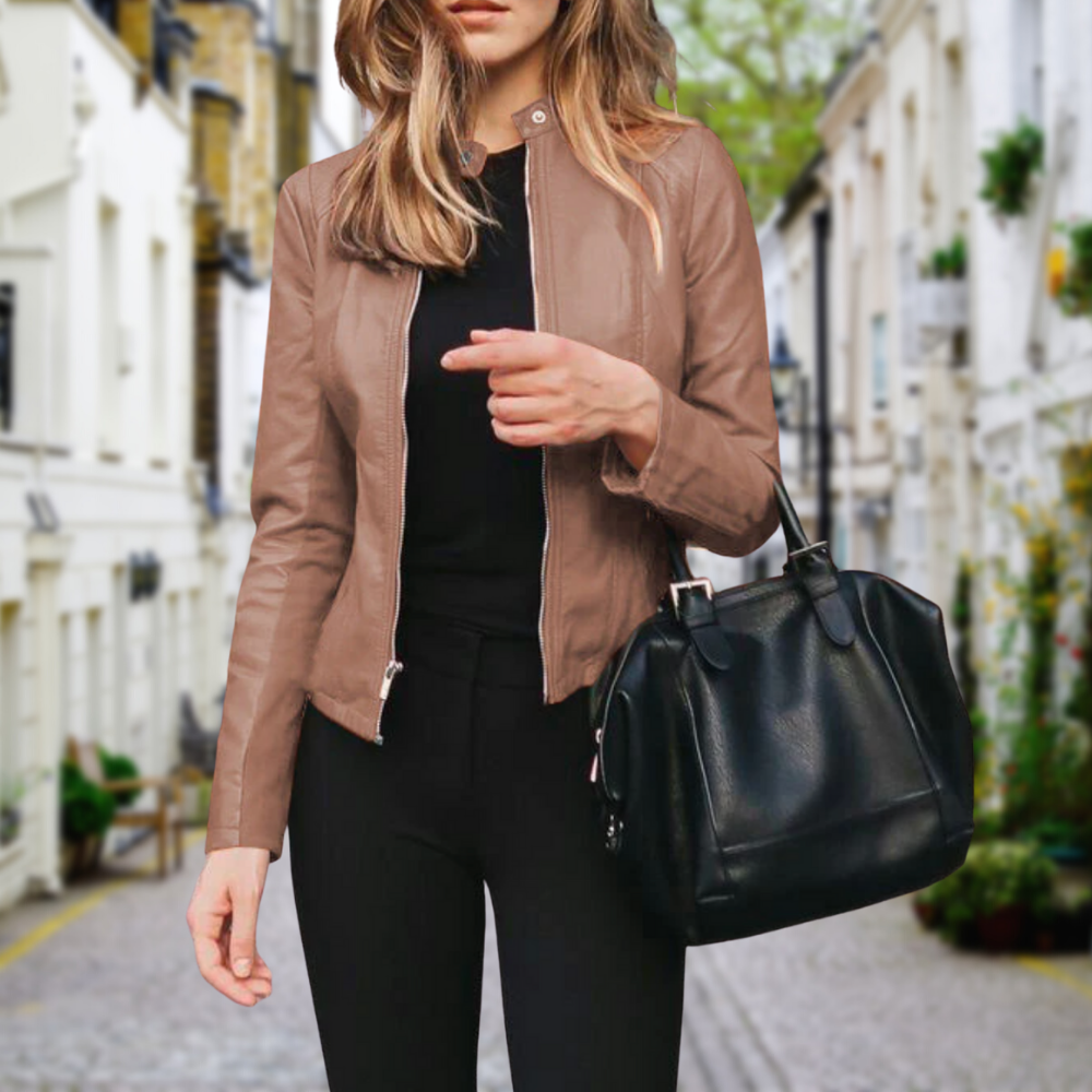 Women's Biker Leather Jacket with Stand-Up Collar and Slim Zip Closure 1