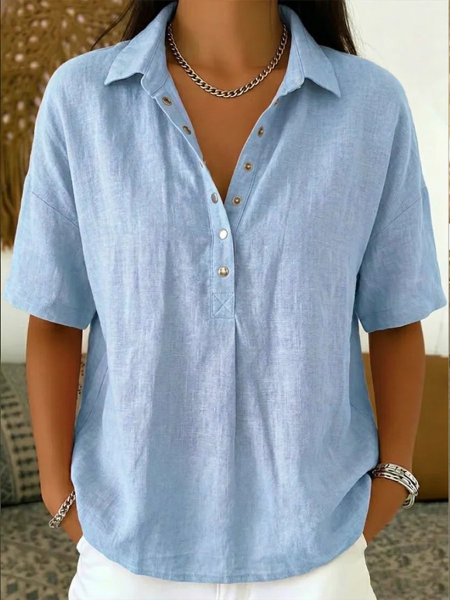 Women's Blouse - Loose Short-Sleeve Polo Collar Top, Stylish Summer Blouse for Women, Versatile Casual Wear 4