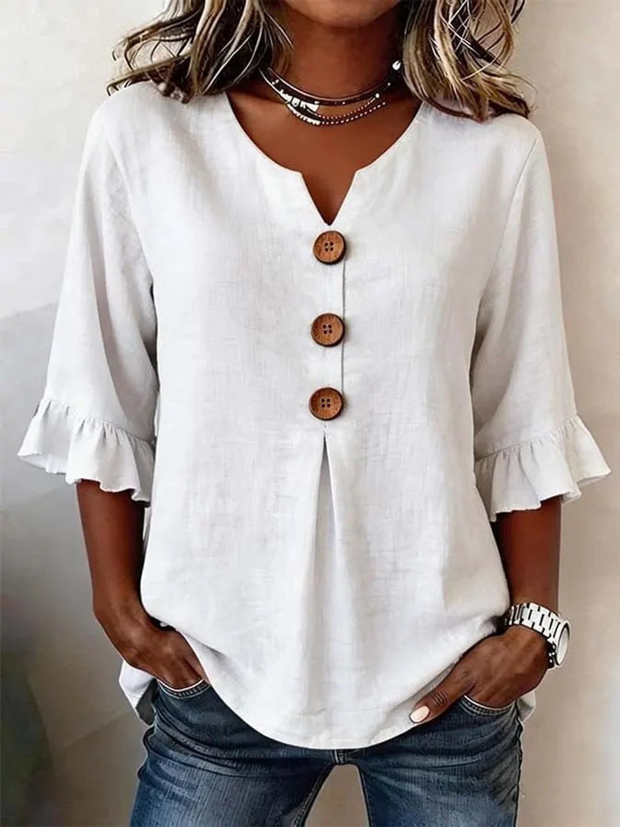 Women's Blouse with Ruffle Sleeves, V-Neck, and Wooden Button Detail - Elegant Summer Tops for Women 0