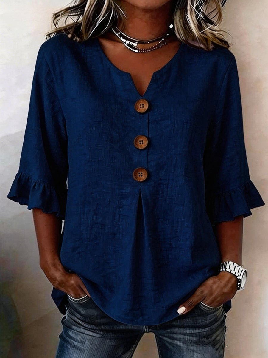 Women's Blouse with Ruffle Sleeves, V-Neck, and Wooden Button Detail - Elegant Summer Tops for Women 1