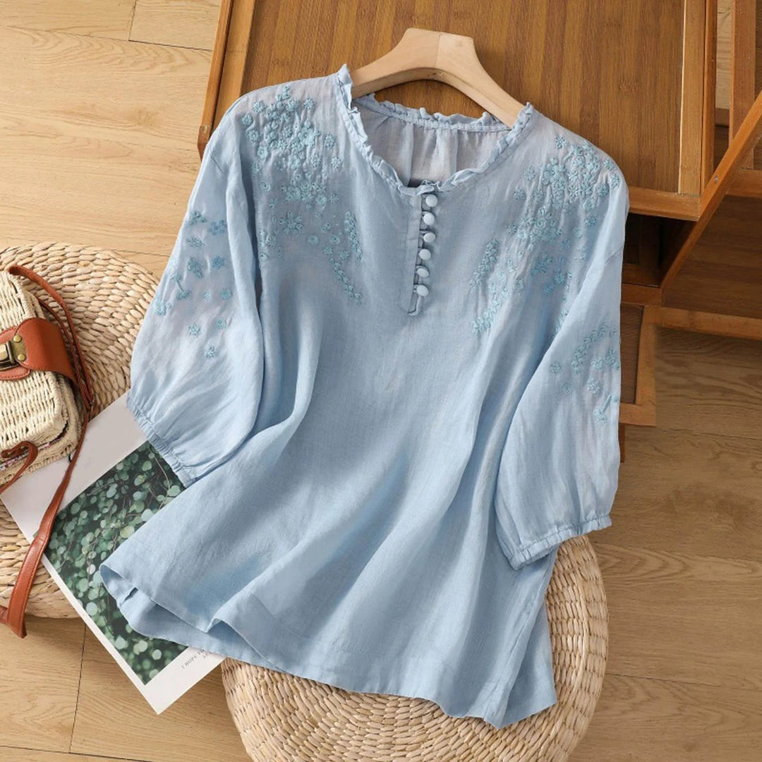 Women's Bohemian Blouse with Floral Embroidery Ruffle Collar Puff Sleeves 0