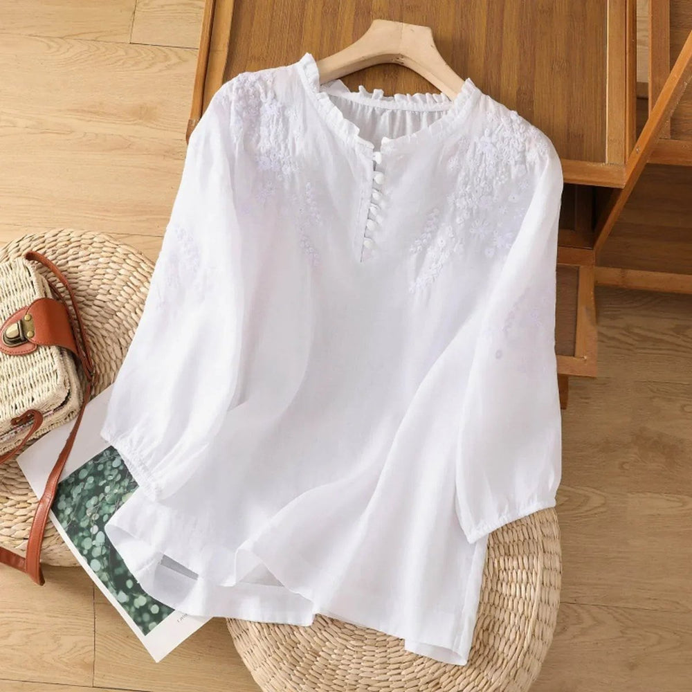 Women's Bohemian Blouse with Floral Embroidery Ruffle Collar Puff Sleeves 1