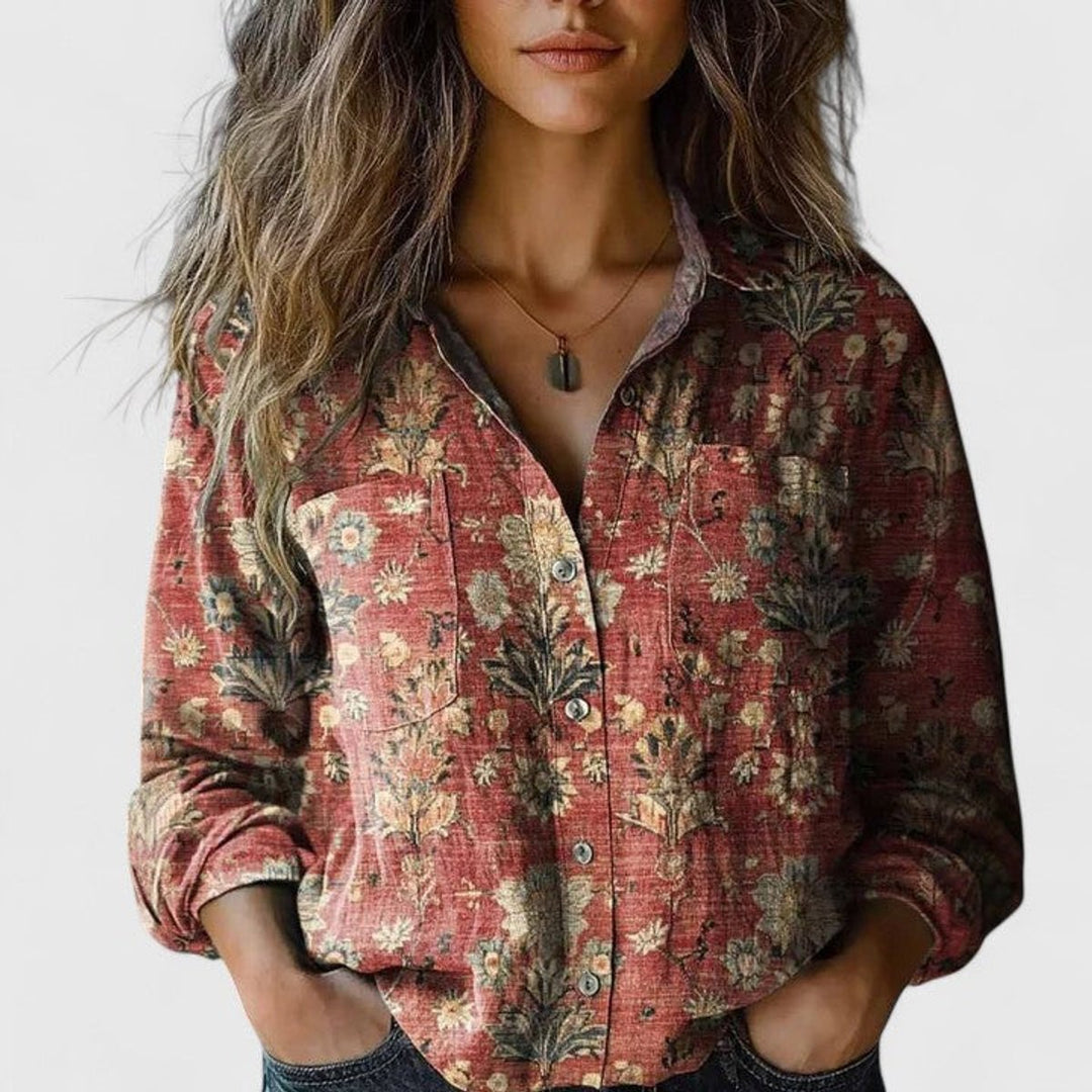 Women's Boho Long Sleeve Floral Blouse Buttoned Lapel Collar 0