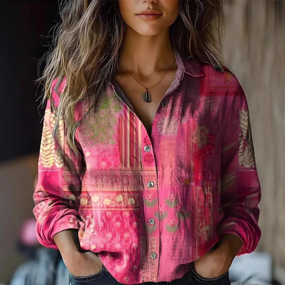 Women's Boho Long Sleeve Floral Blouse Buttoned Lapel Collar 1