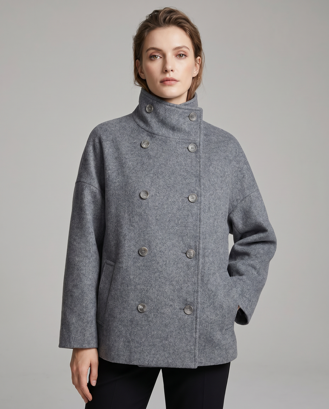 Women's Coat Lightweight Stand Collar Pea Coat for Elegant Layering in Fall and Spring 2