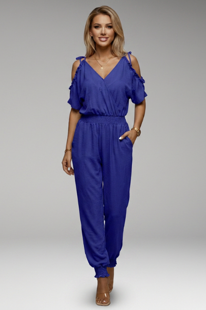 Women’s Cold Shoulder Wrap V-Neck Smocked Waist Jumpsuit for Summer 0