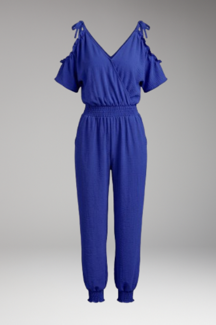 Women’s Cold Shoulder Wrap V-Neck Smocked Waist Jumpsuit for Summer 1