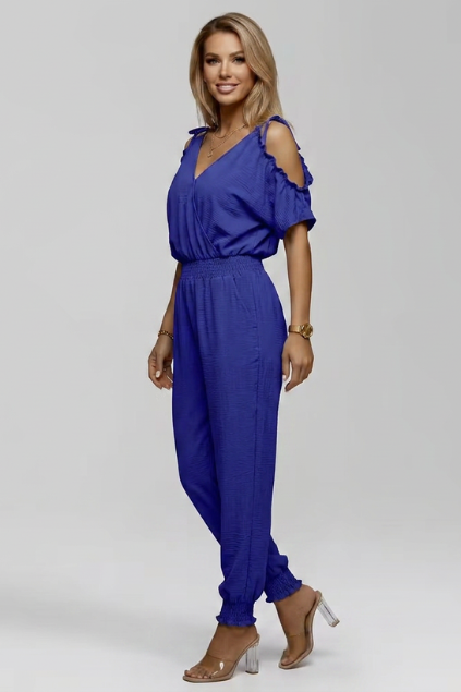 Women’s Cold Shoulder Wrap V-Neck Smocked Waist Jumpsuit for Summer 2
