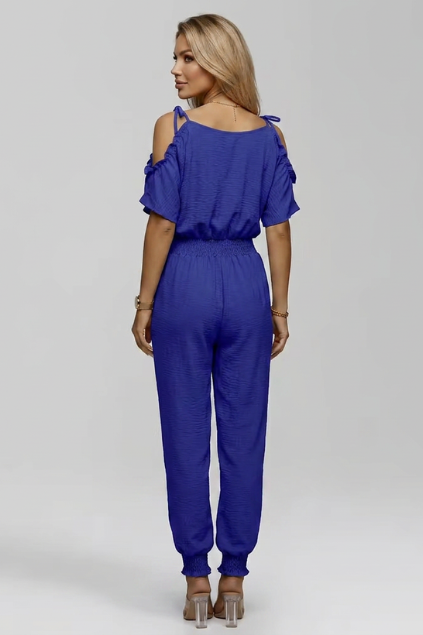 Women’s Cold Shoulder Wrap V-Neck Smocked Waist Jumpsuit for Summer 4