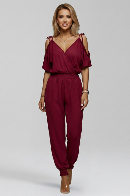 Women’s Cold Shoulder Wrap V-Neck Smocked Waist Jumpsuit for Summer 6