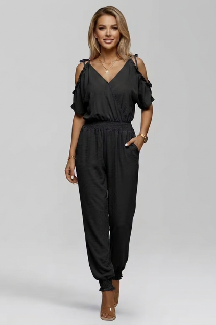 Women’s Cold Shoulder Wrap V-Neck Smocked Waist Jumpsuit for Summer 7