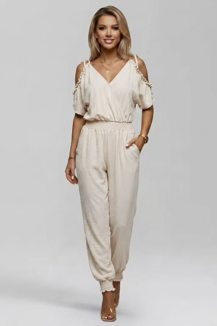 Women’s Cold Shoulder Wrap V-Neck Smocked Waist Jumpsuit for Summer 8