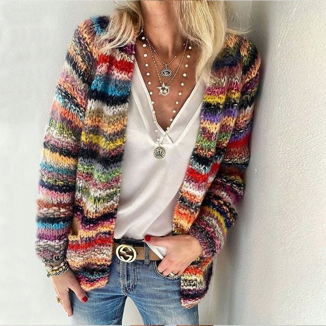 Women's Colorful Long Sleeve Knitted Cardigan Loose Fit Autumn Sweater 0