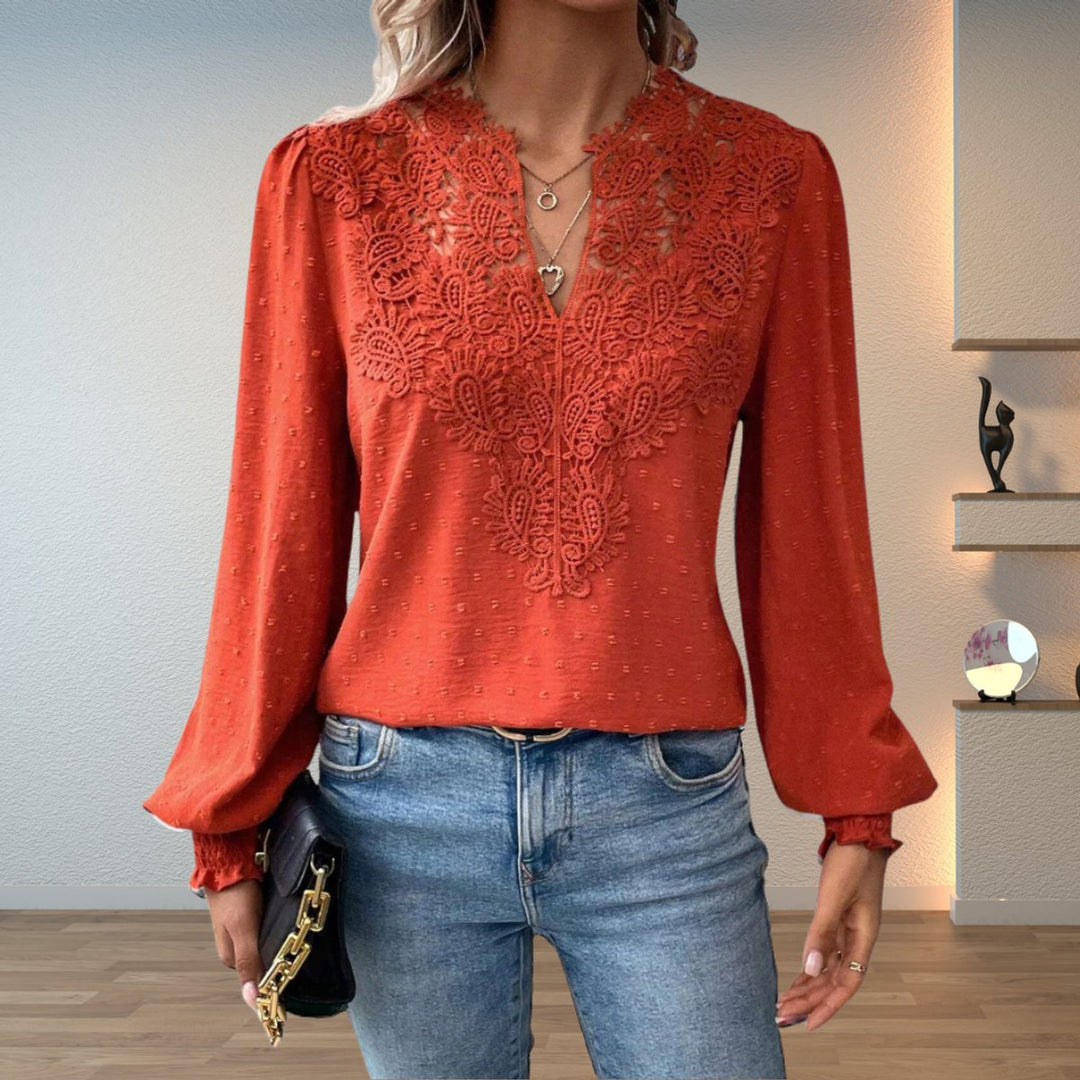 Women's Elegant Lace Trim V-Neck Long Sleeve Blouse for Office and Evening 0