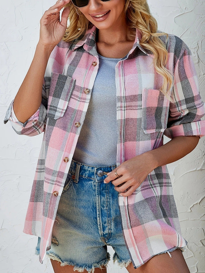 Women's Flannel Shirts, Plaid Long Sleeve Button Up for Autumn Layering, Casual Lightweight Style 3
