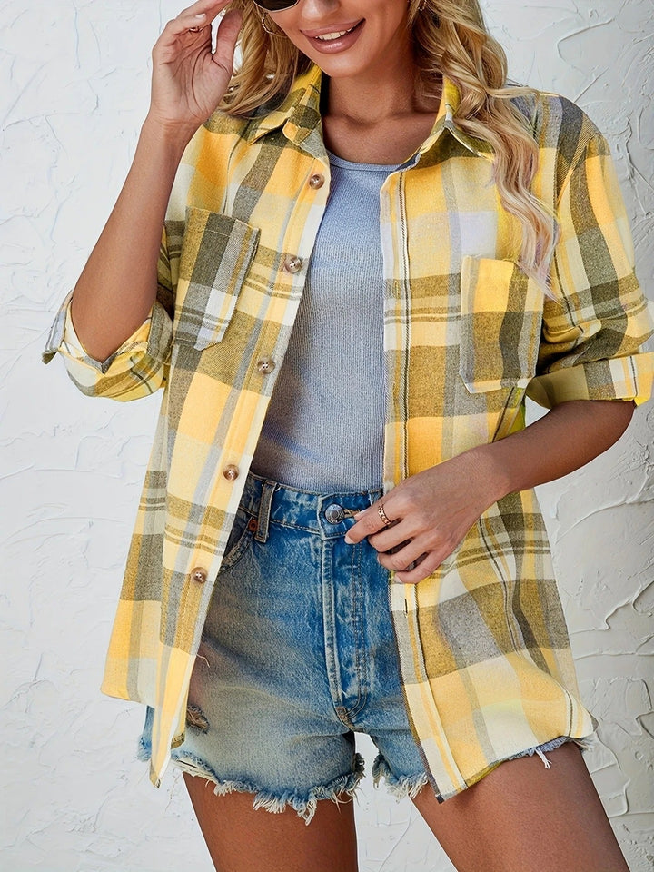 Women's Flannel Shirts, Plaid Long Sleeve Button Up for Autumn Layering, Casual Lightweight Style 7