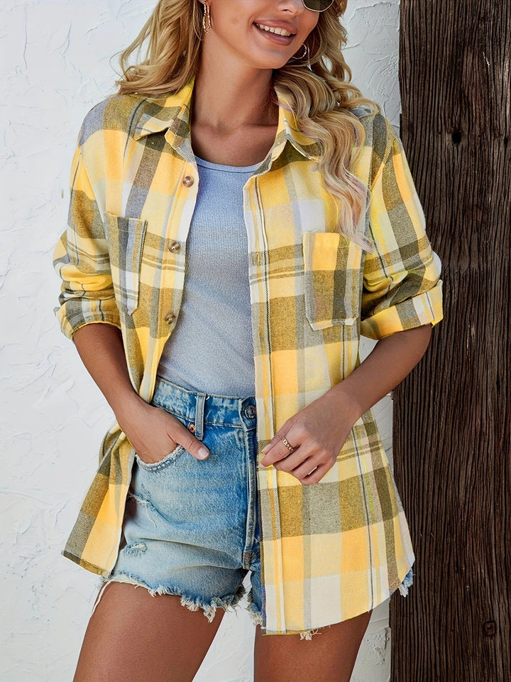 Women's Flannel Shirts, Plaid Long Sleeve Button Up for Autumn Layering, Casual Lightweight Style 8