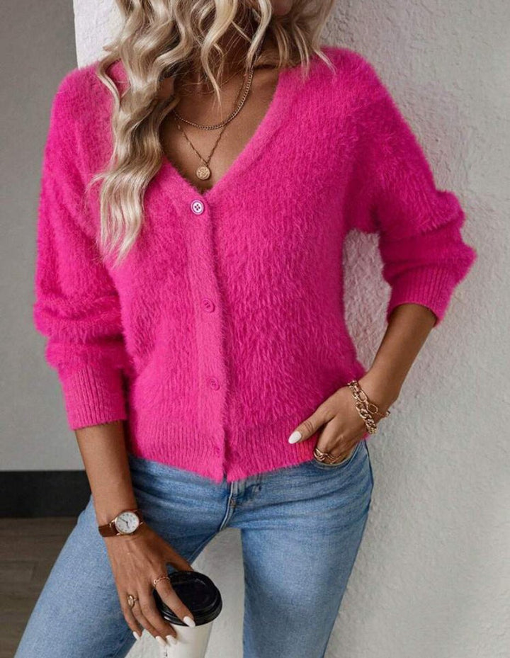 Women's Fluffy V-Neck Black Cardigan with Button Placket – Cozy Knit Cardigan for Layering and Stylish Outfits 0
