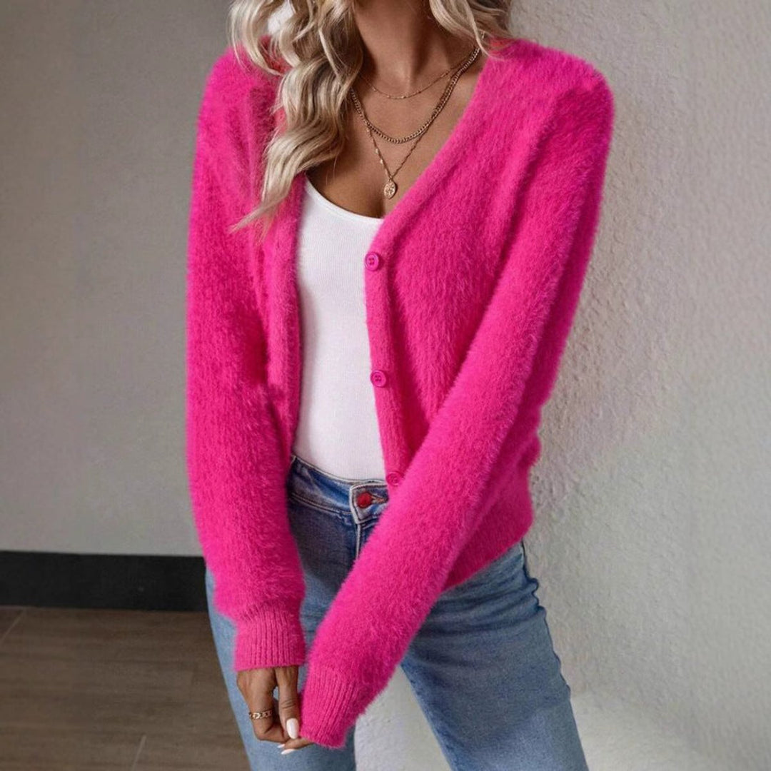 Women's Fluffy V-Neck Black Cardigan with Button Placket – Cozy Knit Cardigan for Layering and Stylish Outfits 4