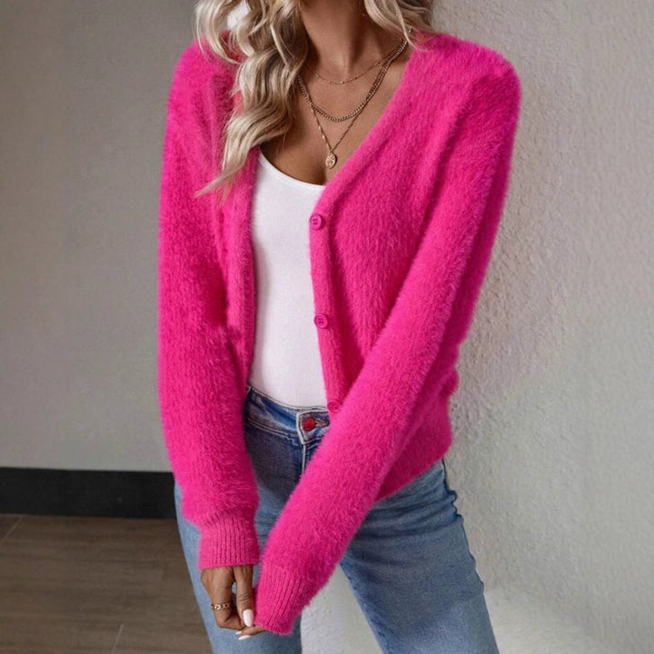 Women's Fluffy V-Neck Black Cardigan with Button Placket – Cozy Knit Cardigan for Layering and Stylish Outfits 4