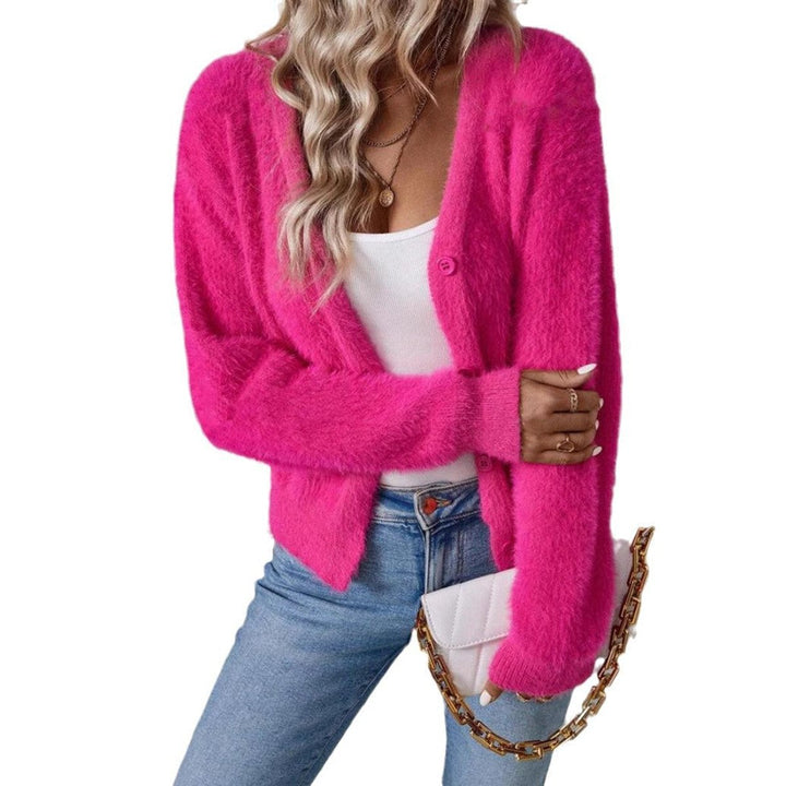 Women's Fluffy V-Neck Black Cardigan with Button Placket – Cozy Knit Cardigan for Layering and Stylish Outfits 6