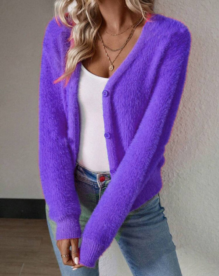 Women's Fluffy V-Neck Black Cardigan with Button Placket – Cozy Knit Cardigan for Layering and Stylish Outfits 8