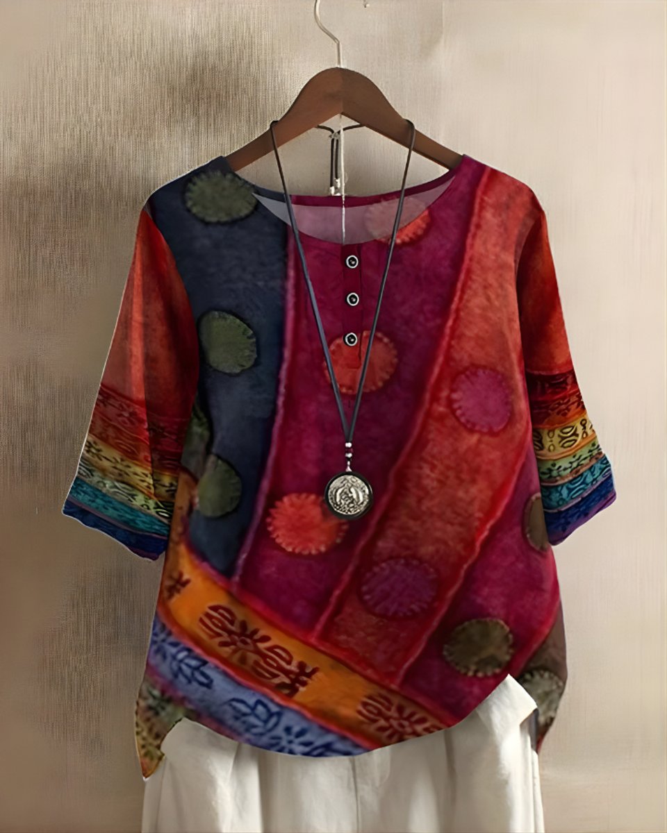 Women's Going Out Tops - Boho Short Sleeve Top with Colorful Ethnic Print for Summer Casual Style 0