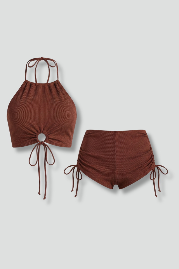 Women’s Halter Bikini Set with Adjustable Drawstring Bottom and Textured Design 1