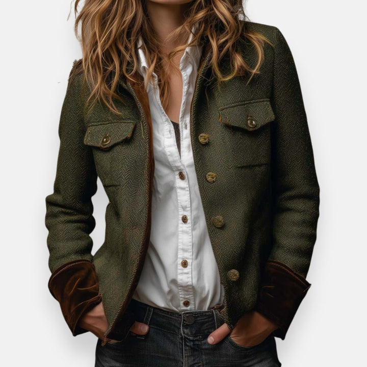 Women's Herringbone Structured Button-Front Jacket Tailored Blazer for Professional and Casual Wear 0