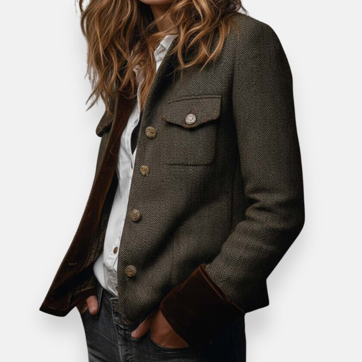 Women's Herringbone Structured Button-Front Jacket Tailored Blazer for Professional and Casual Wear 2