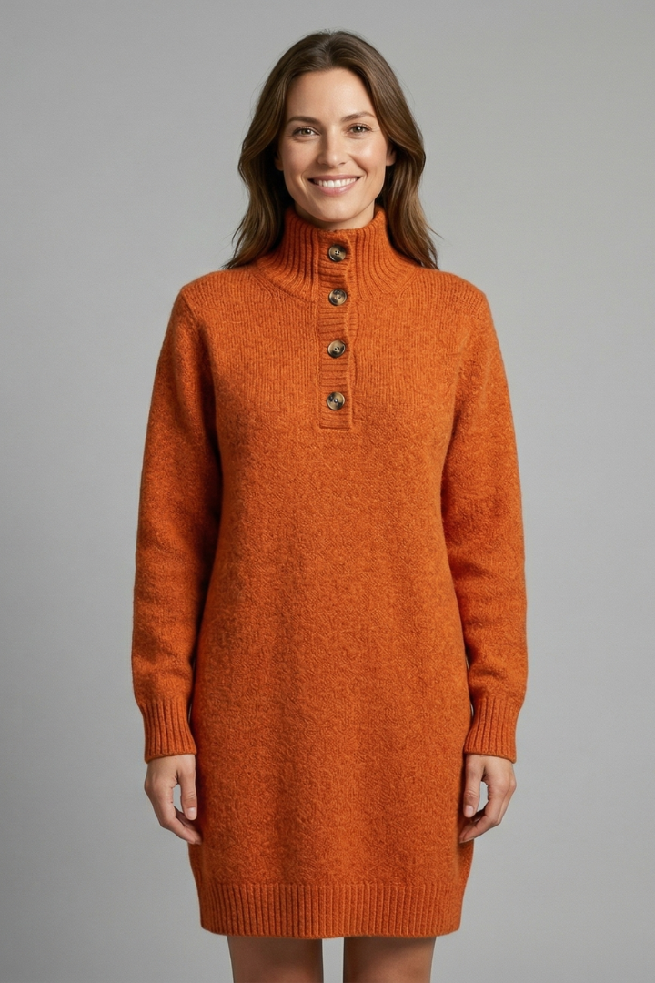 Women’s High Neck Jumper Dress with Button Placket and Ribbed Texture 0