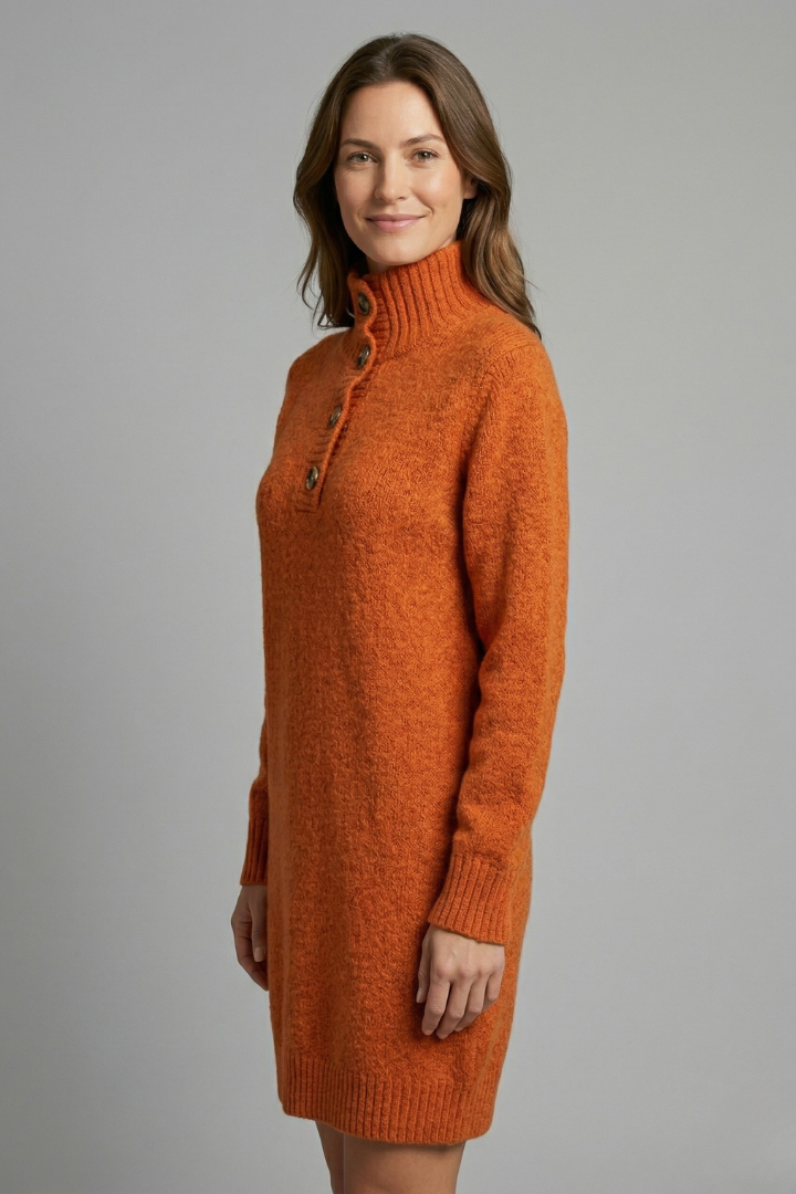 Women’s High Neck Jumper Dress with Button Placket and Ribbed Texture 2