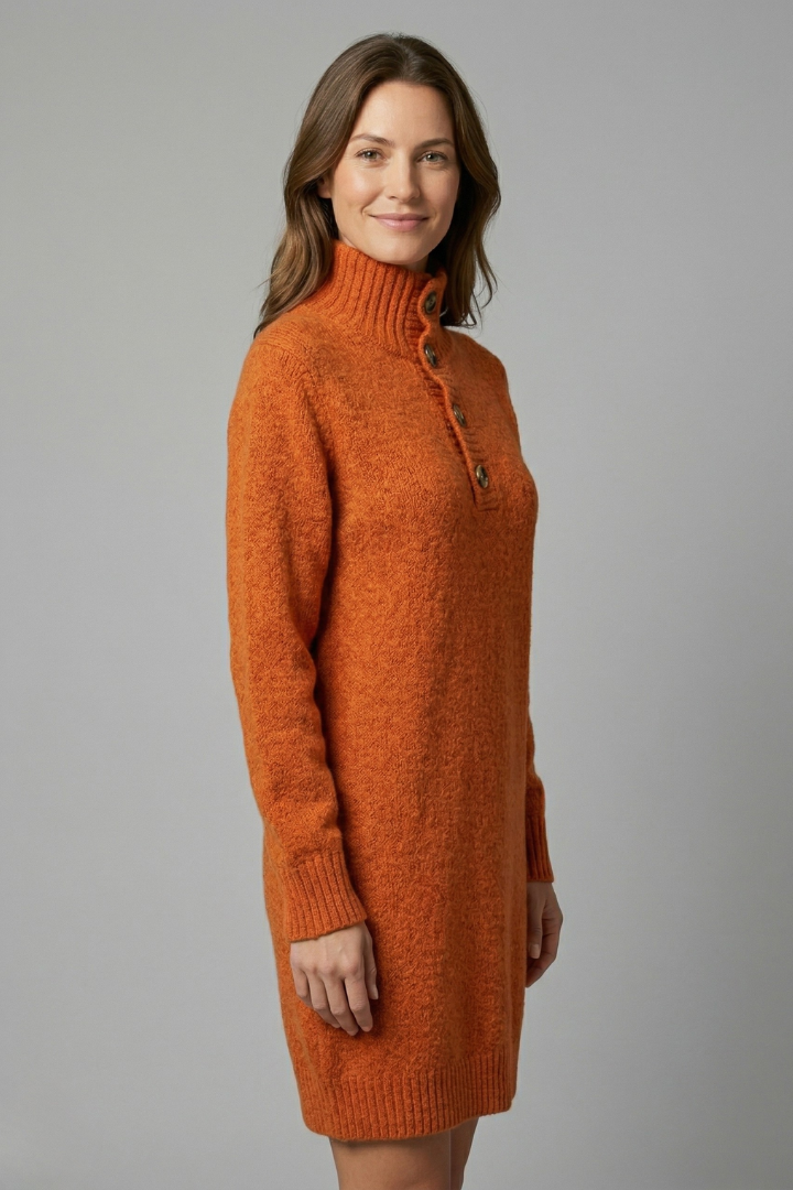 Women’s High Neck Jumper Dress with Button Placket and Ribbed Texture 3