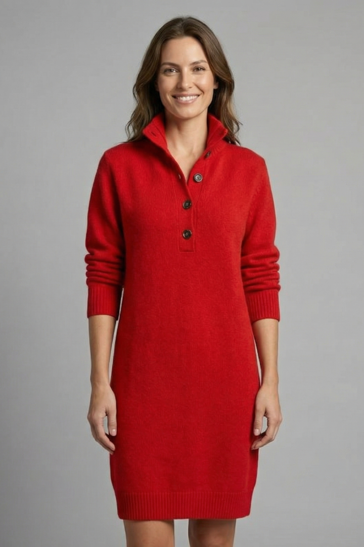 Women’s High Neck Jumper Dress with Button Placket and Ribbed Texture 5