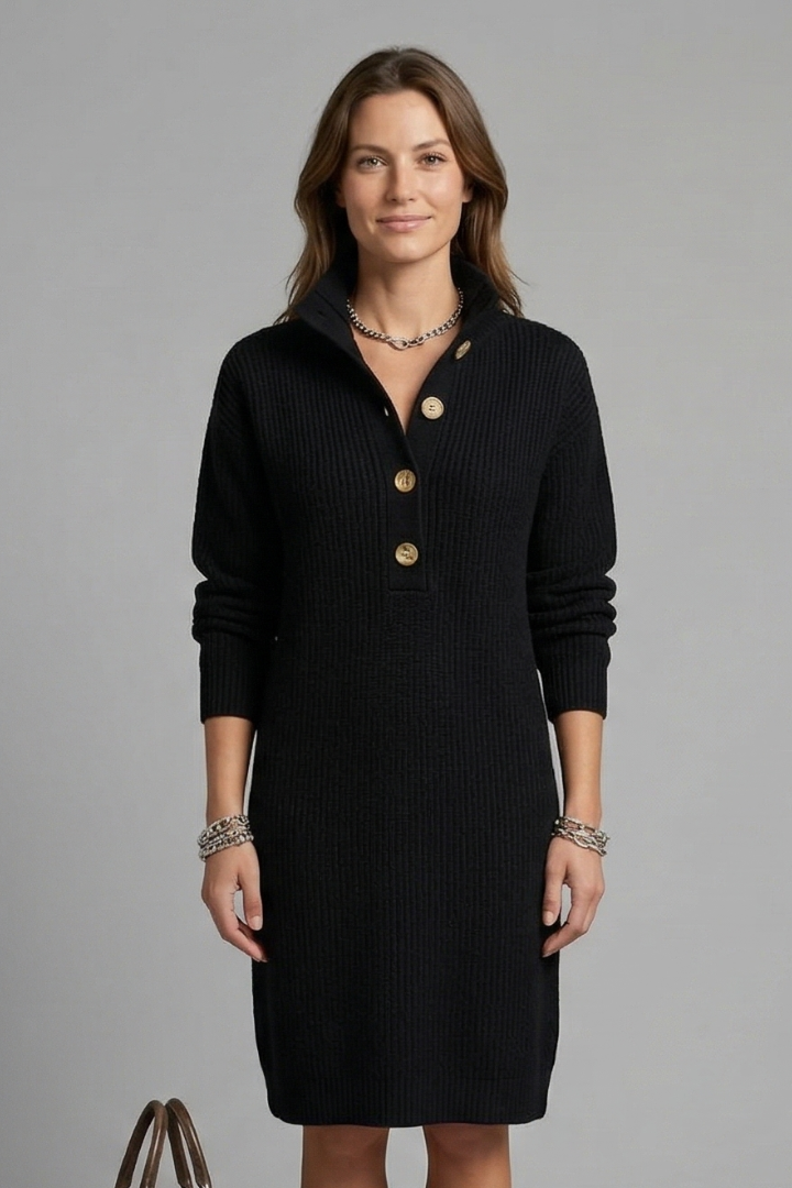 Women’s High Neck Jumper Dress with Button Placket and Ribbed Texture 6