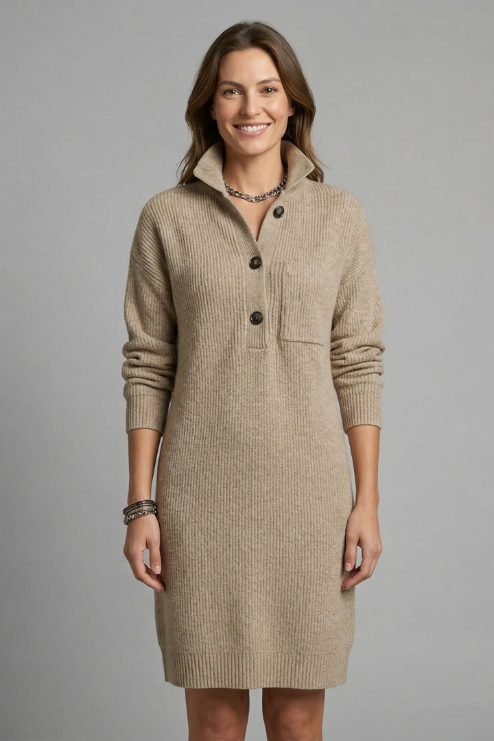 Women’s High Neck Jumper Dress with Button Placket and Ribbed Texture 7