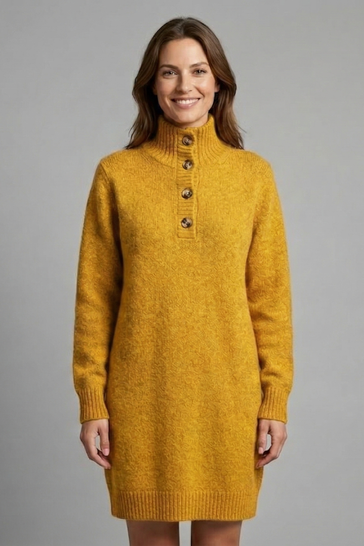 Women’s High Neck Jumper Dress with Button Placket and Ribbed Texture 8