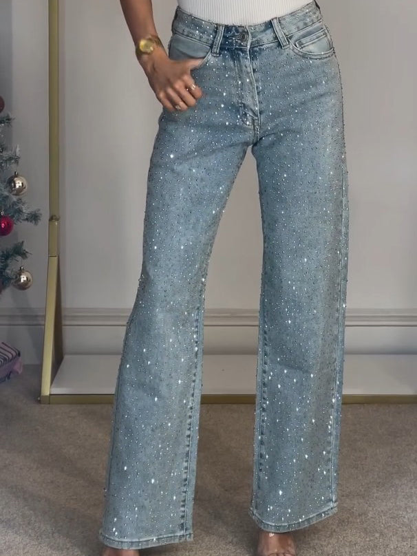 Women's High Waist Straight Jeans with Diamanté Detailing for Casual or Dressy Looks 0