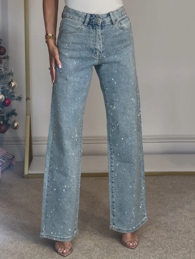 Women's High Waist Straight Jeans with Diamanté Detailing for Casual or Dressy Looks 1