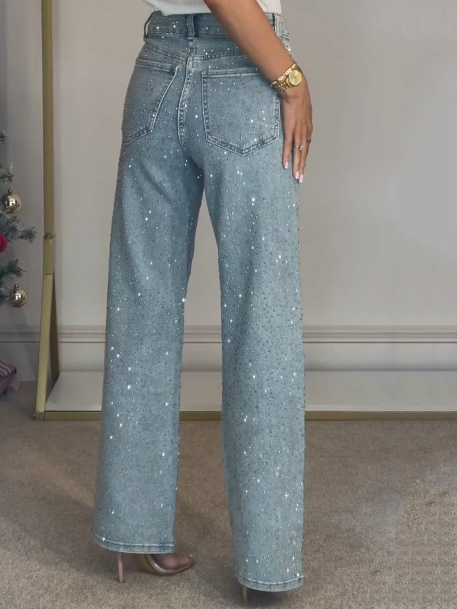 Women's High Waist Straight Jeans with Diamanté Detailing for Casual or Dressy Looks 2