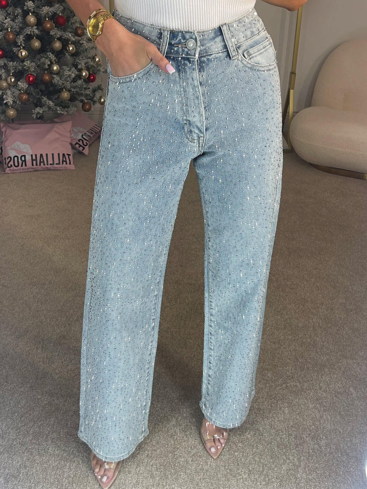 Women's High Waist Straight Jeans with Diamanté Detailing for Casual or Dressy Looks 3