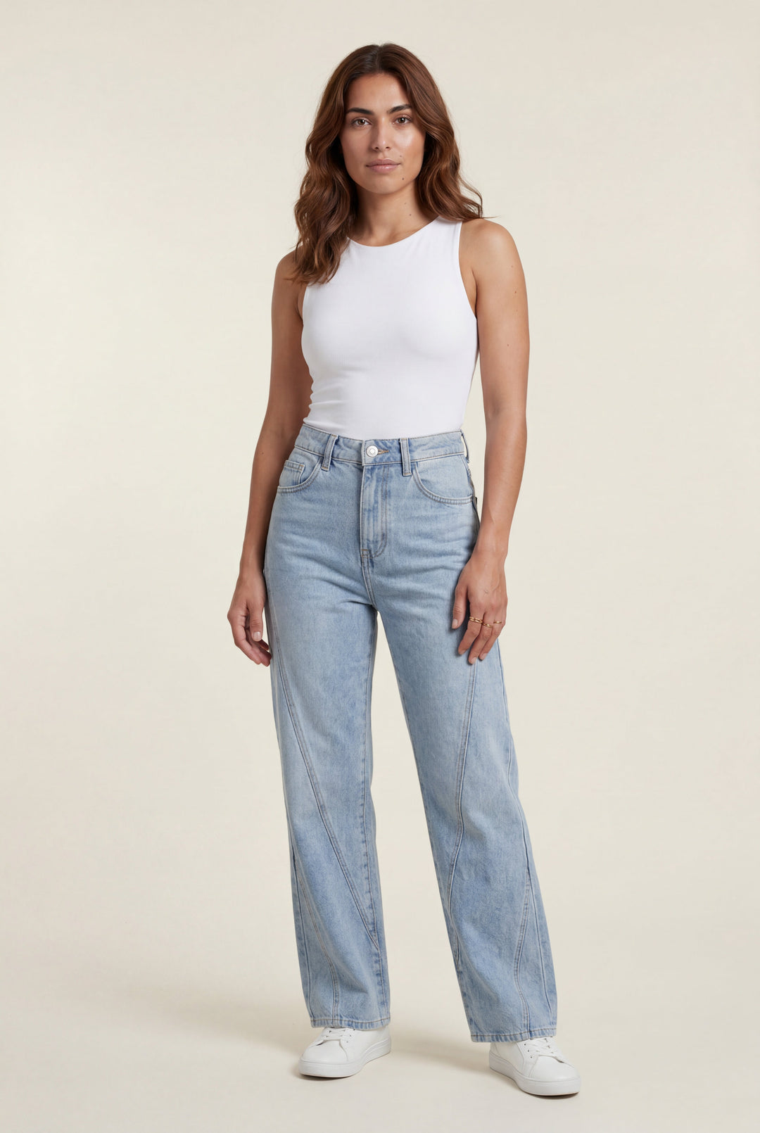 Women's High Waist Straight Leg Jeans with Angled Seam Detail - Light Blue Casual Style 0