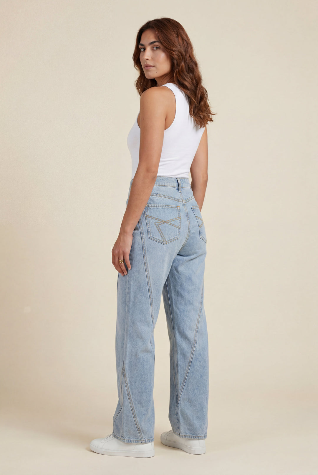 Women's High Waist Straight Leg Jeans with Angled Seam Detail - Light Blue Casual Style 1