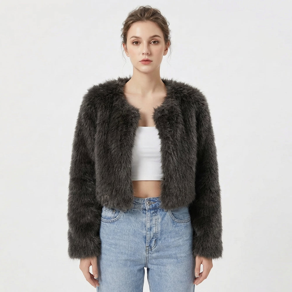 Women's Jacket - Elegant Faux Fur Cropped Winter Coat for Evening Wear 1