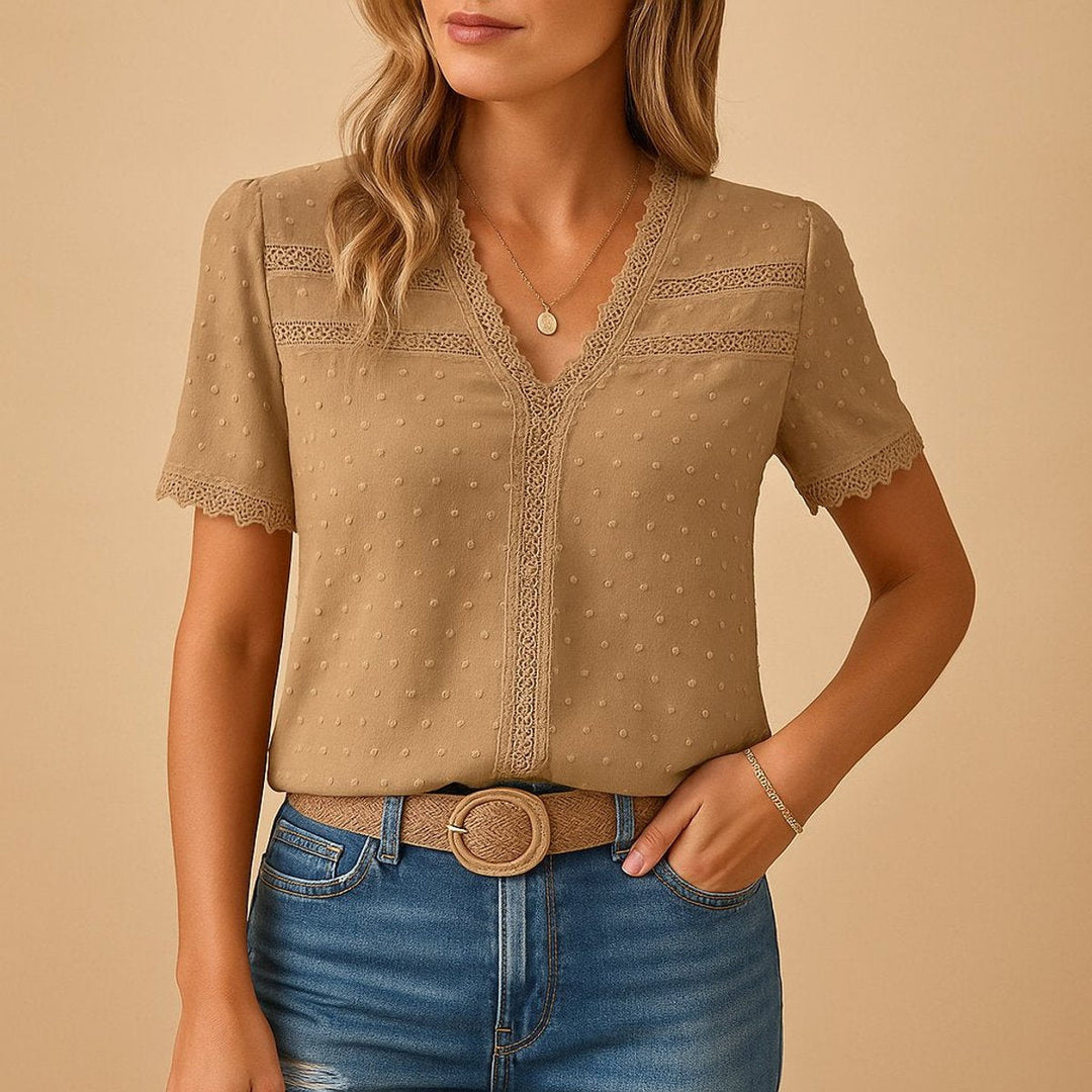 Women's Lace Trim Swiss Dot V-Neck Blouse Elegant Feminine Top 0